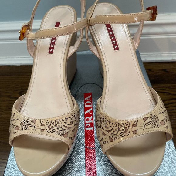 Prada Beige Patent Leather Wedges - Picture 1 of 9